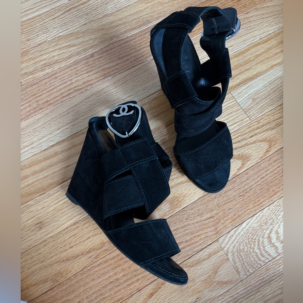 Chanel Black Wedge Sandals
